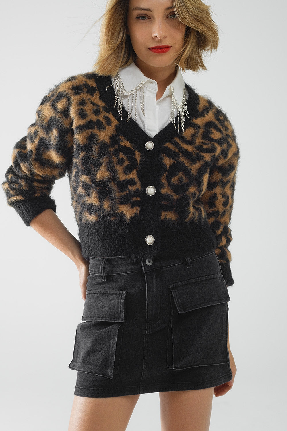 Leopard print cardigan made of knitted fabric with wool in Camel
