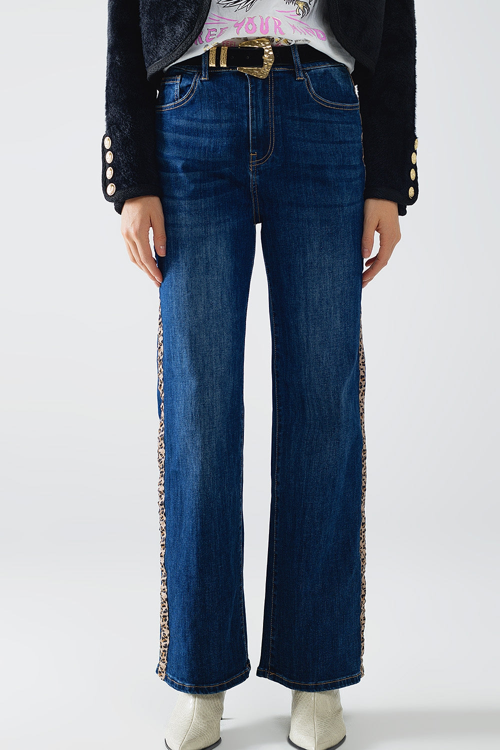Wide Leg Jeans with leopard stripe on side - Denim