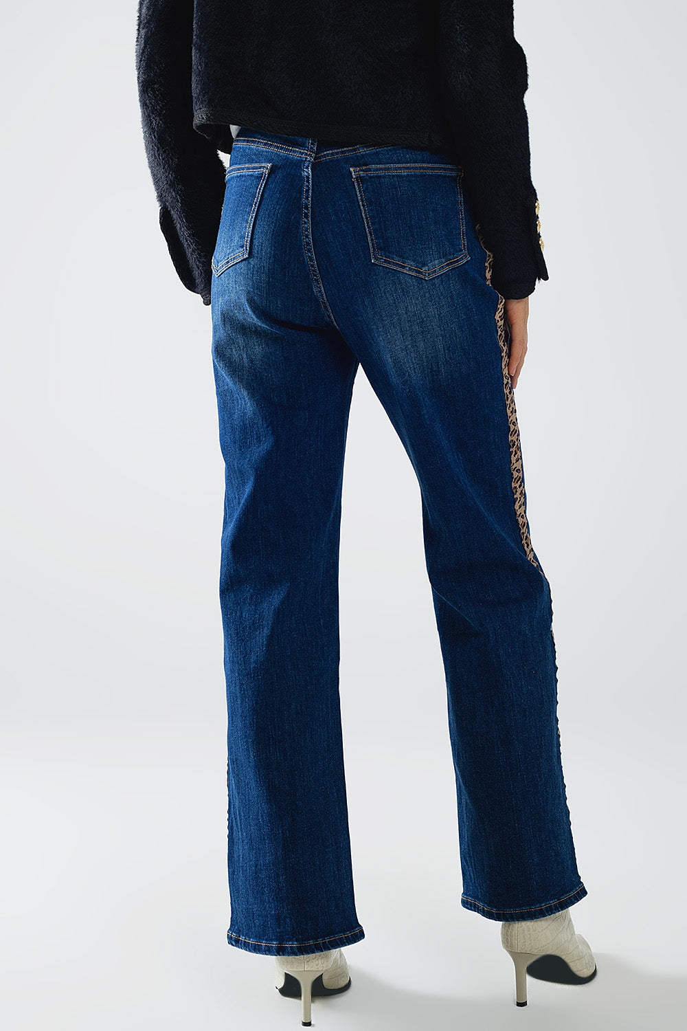 Wide Leg Jeans with leopard stripe on side - Denim
