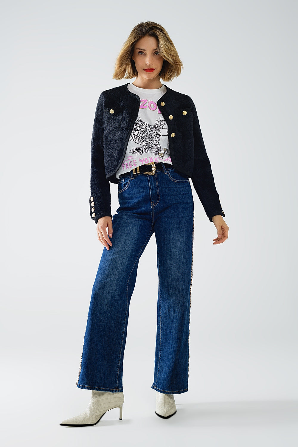 Wide Leg Jeans with leopard stripe on side - Denim