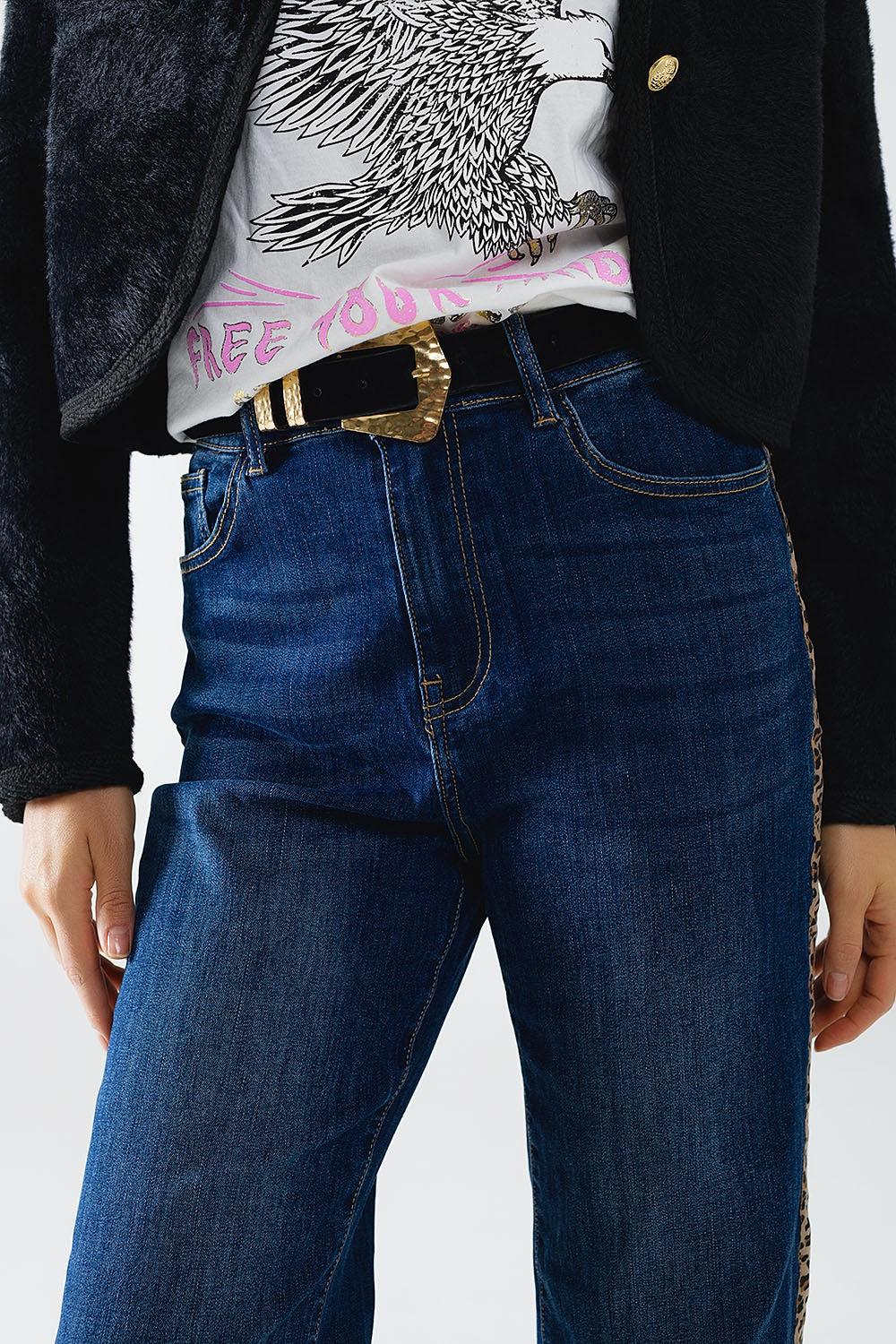 Wide Leg Jeans with leopard stripe on side - Denim