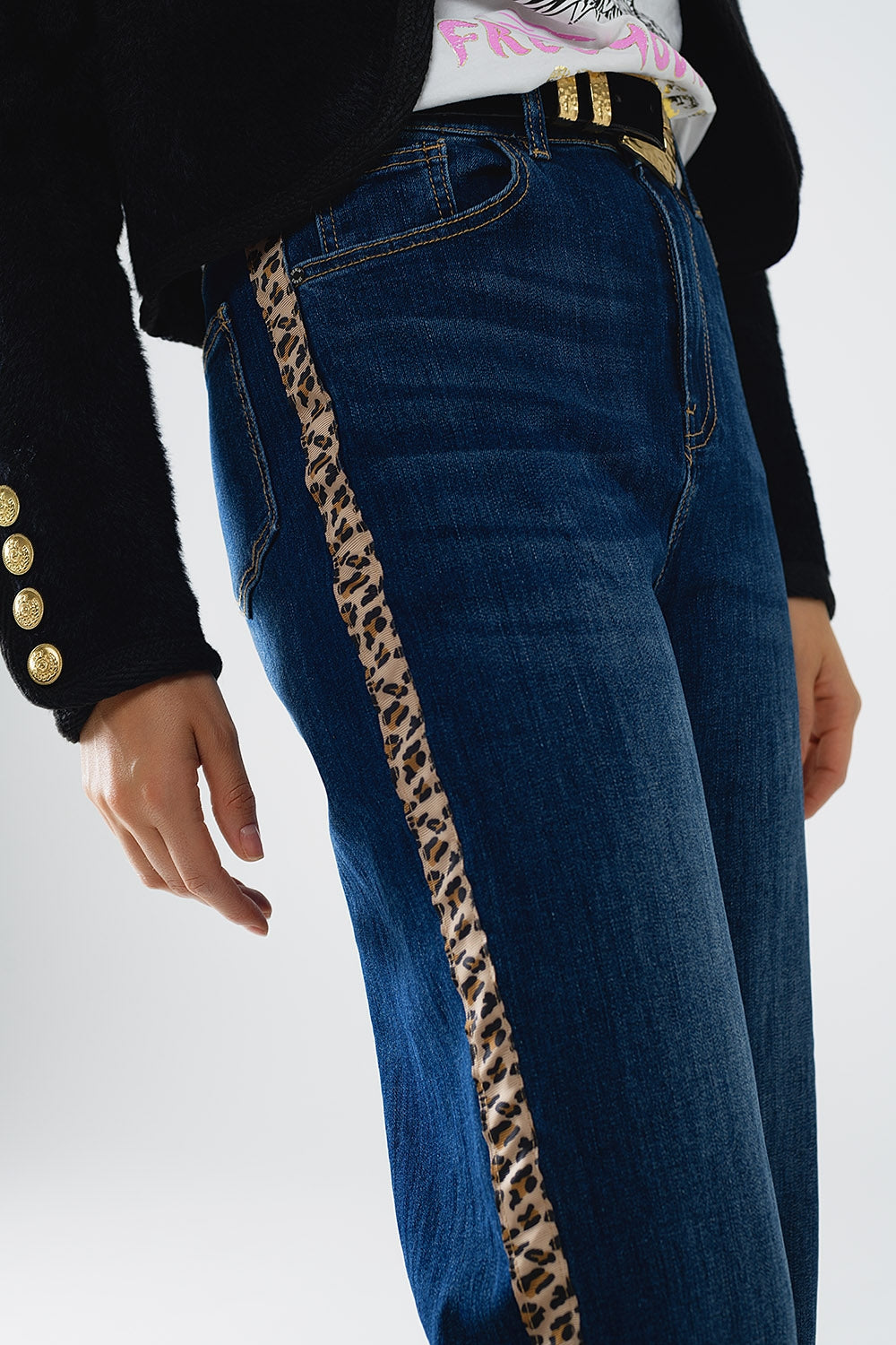 Wide Leg Jeans with leopard stripe on side - Denim