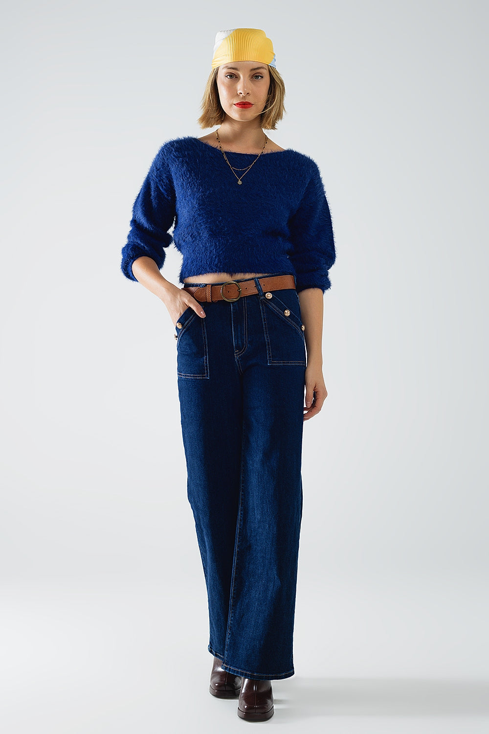 Wide leg jeans with 3 button detail - Denim