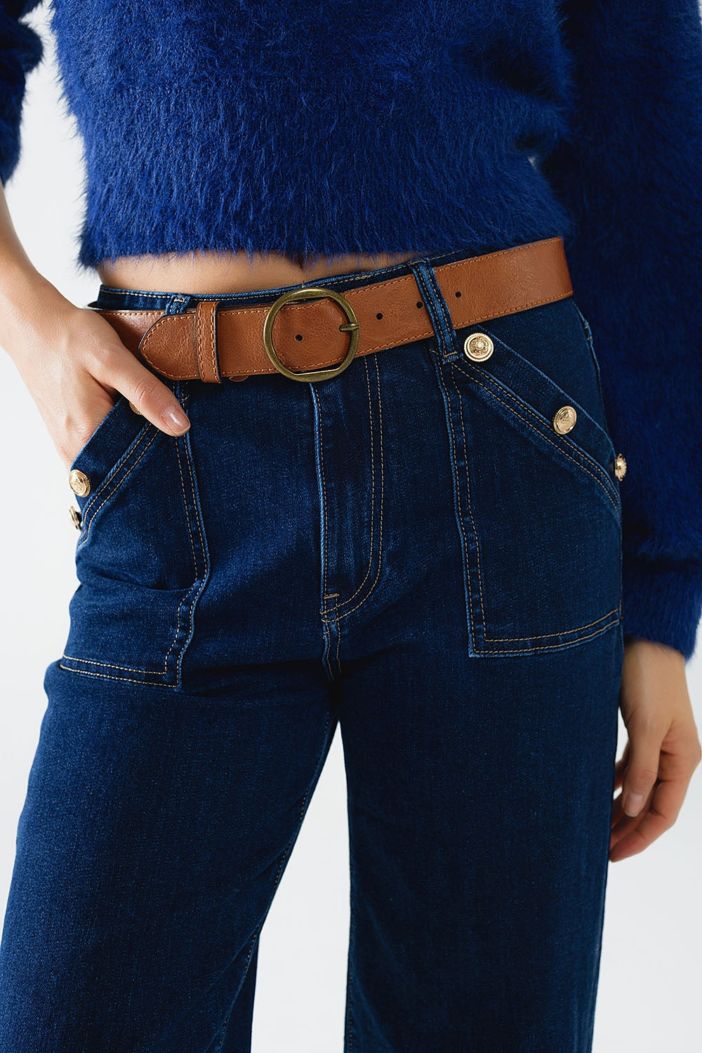 Wide leg jeans with 3 button detail - Denim