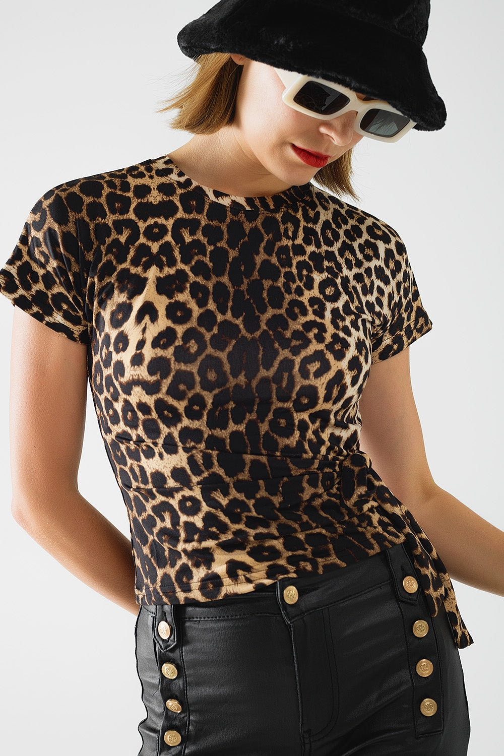 Leopard print Spandex t-shirt with bow detail - top