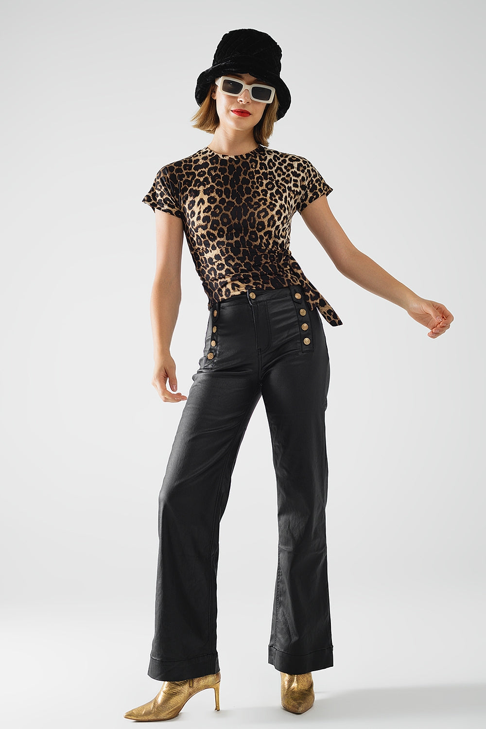 Leopard print Spandex t-shirt with bow detail - top
