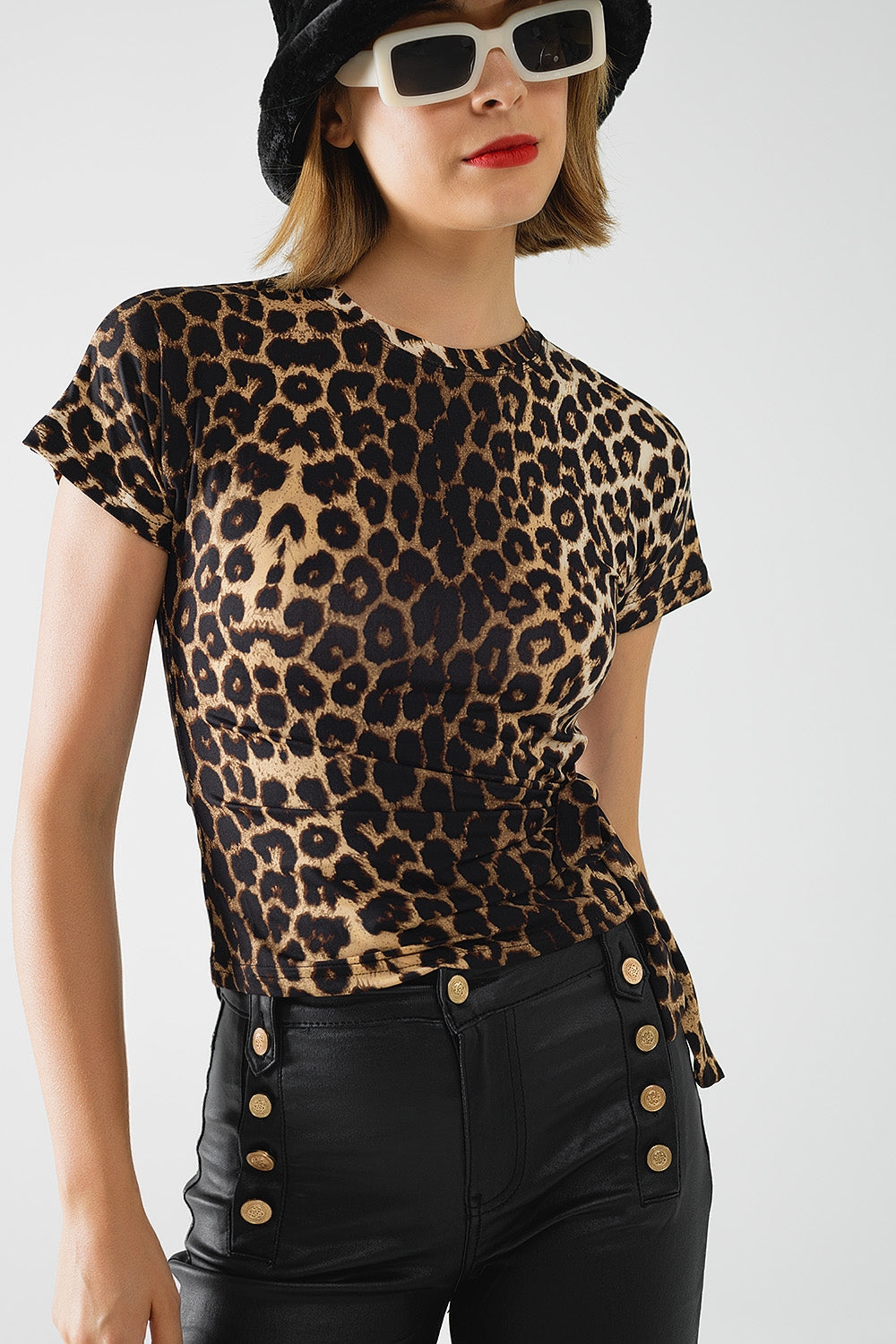 Leopard print Spandex t-shirt with bow detail - top