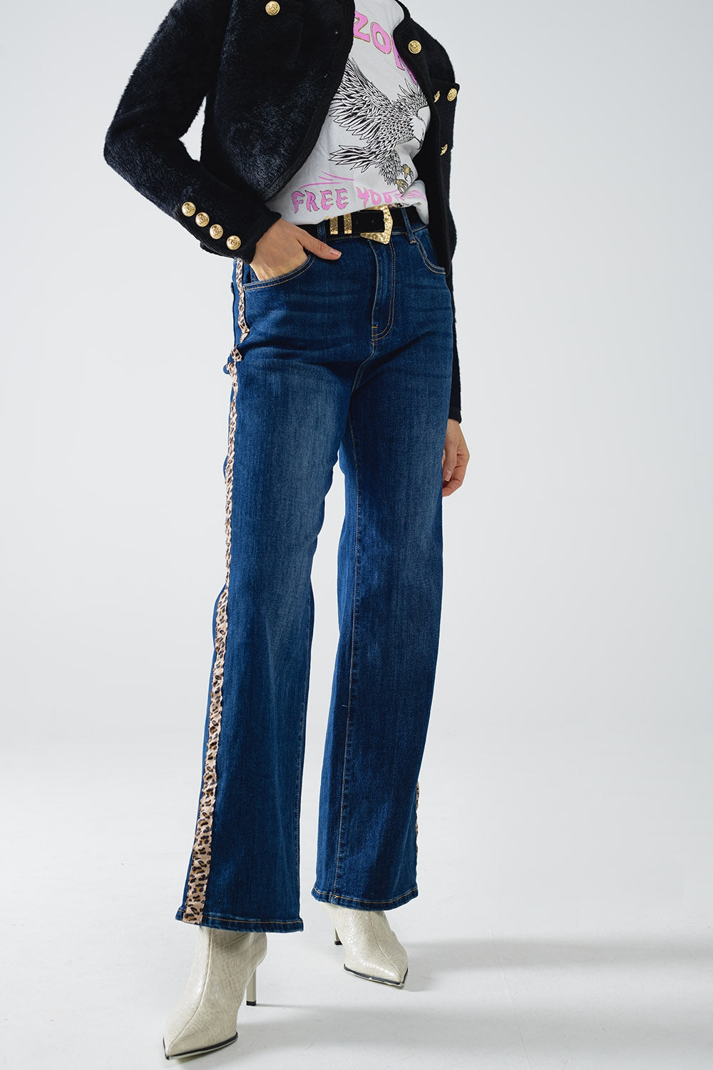 Wide Leg Jeans with leopard stripe on side - Denim