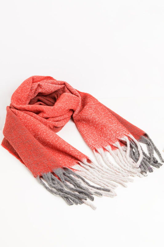 Chunky knit scarf in red color block with fringes - Scarves