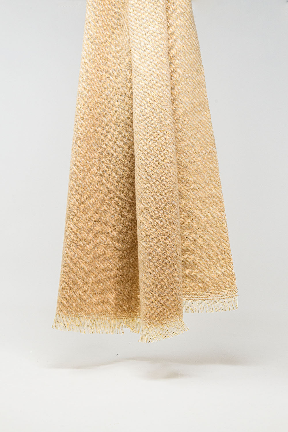 Camel-colored scarf with gold thread detail