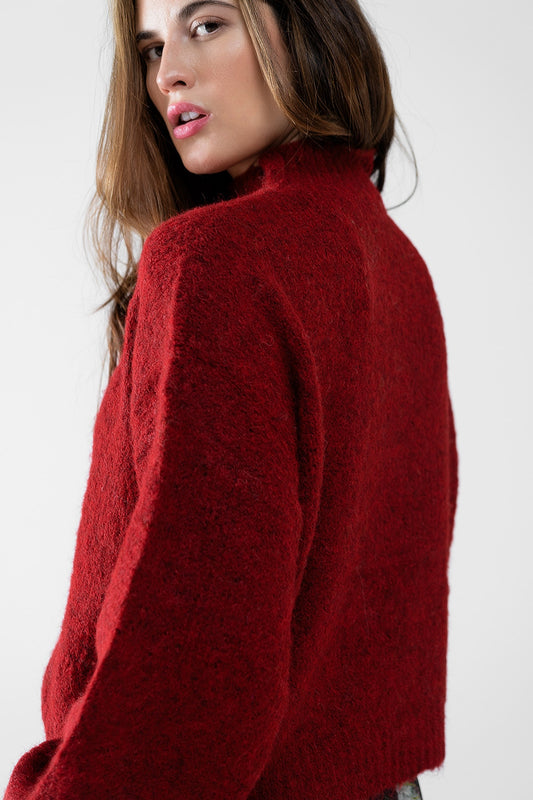 Fluffy red sweater with high neck and balloon sleeves - jumper