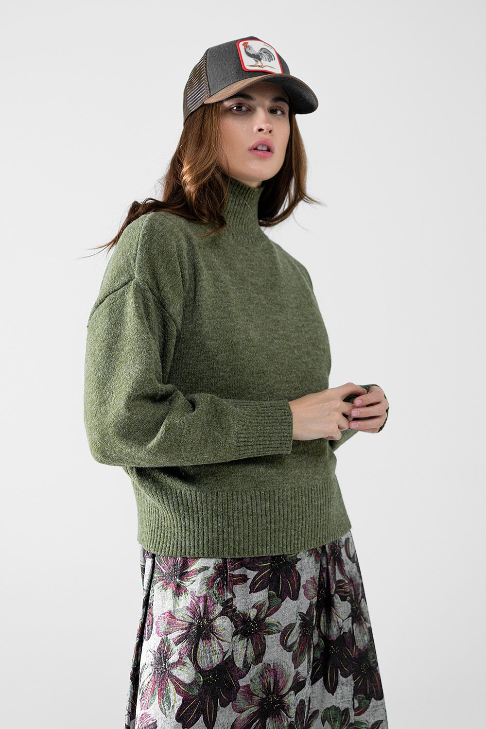 chunky knit sweater in green with turtleneck