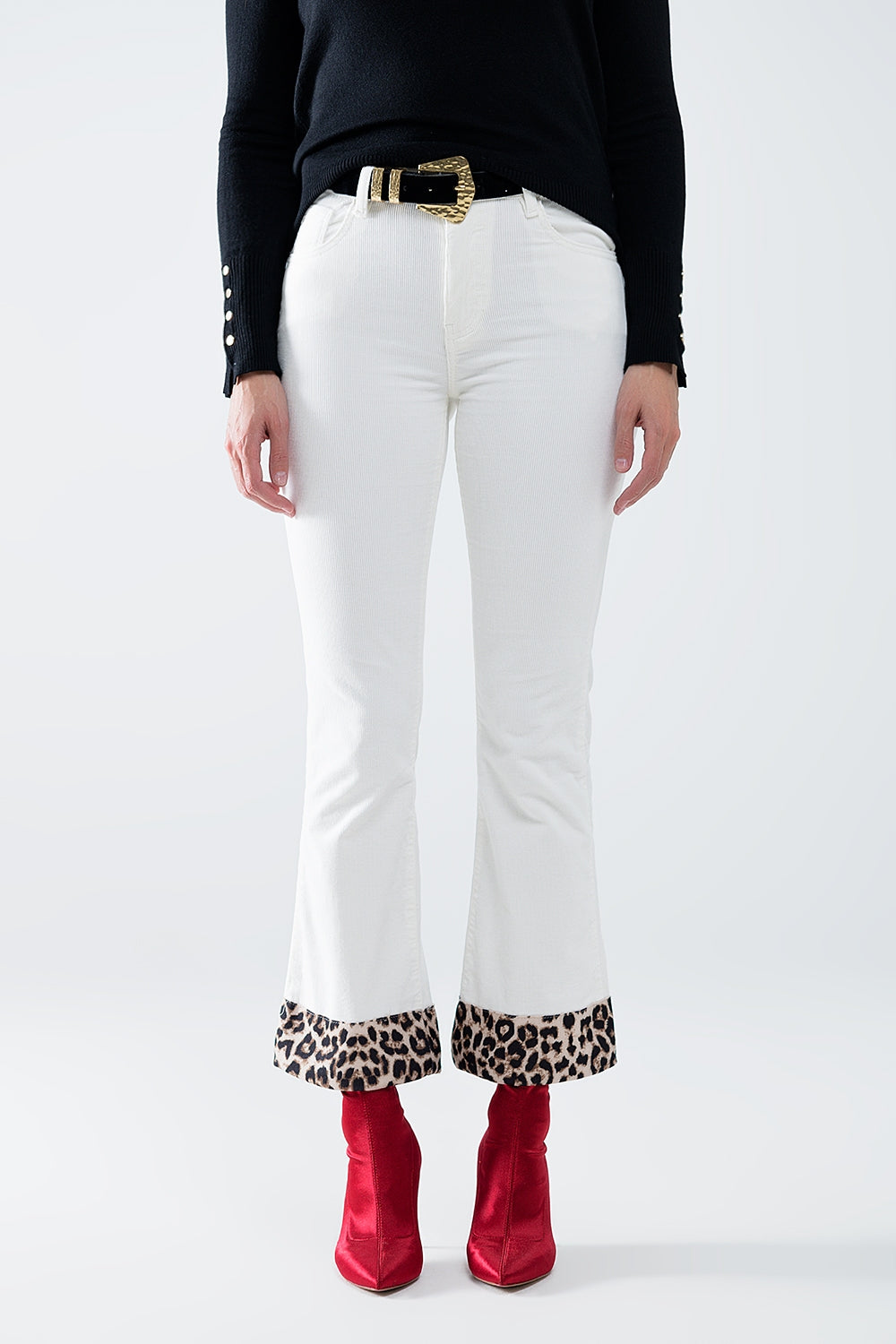 Cream Corduroy flare pants with leopard print at the bottom - trousers