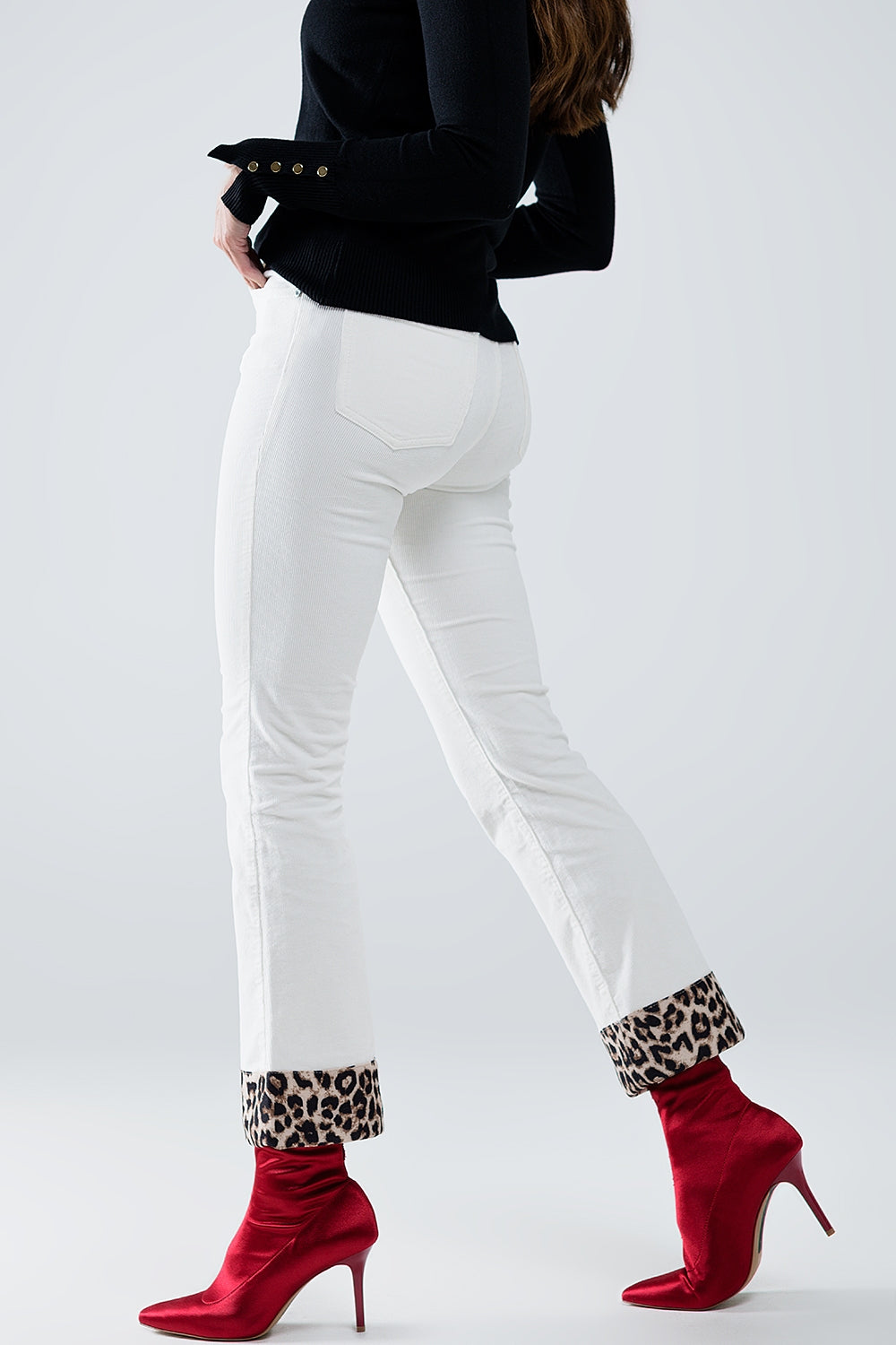 Cream Corduroy flare pants with leopard print at the bottom - trousers