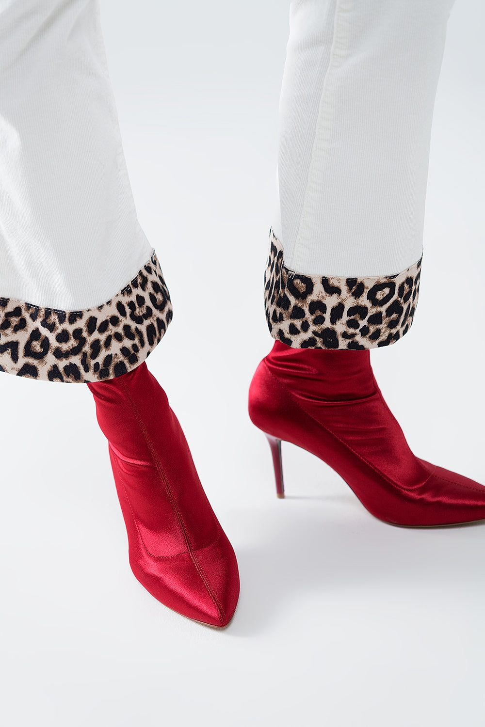 Cream Corduroy flare pants with leopard print at the bottom - trousers