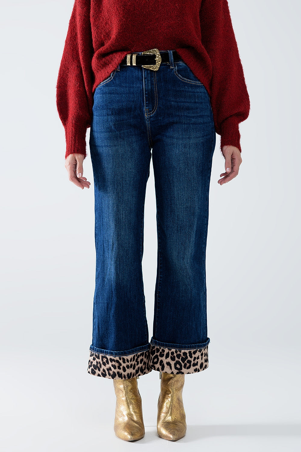 Wide leg jeans with leopard stripe at the bottom - Denim