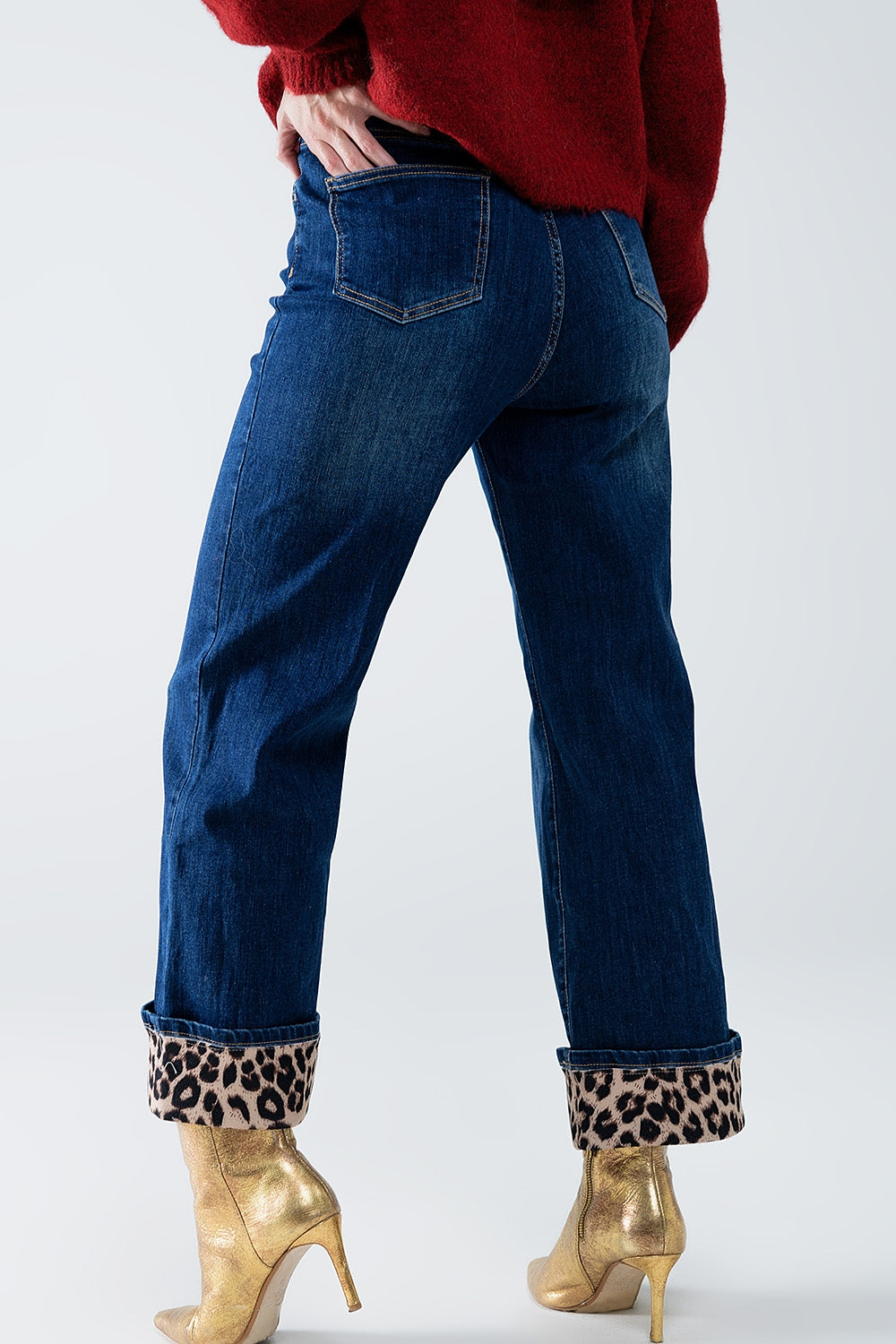 Wide leg jeans with leopard stripe at the bottom - Denim