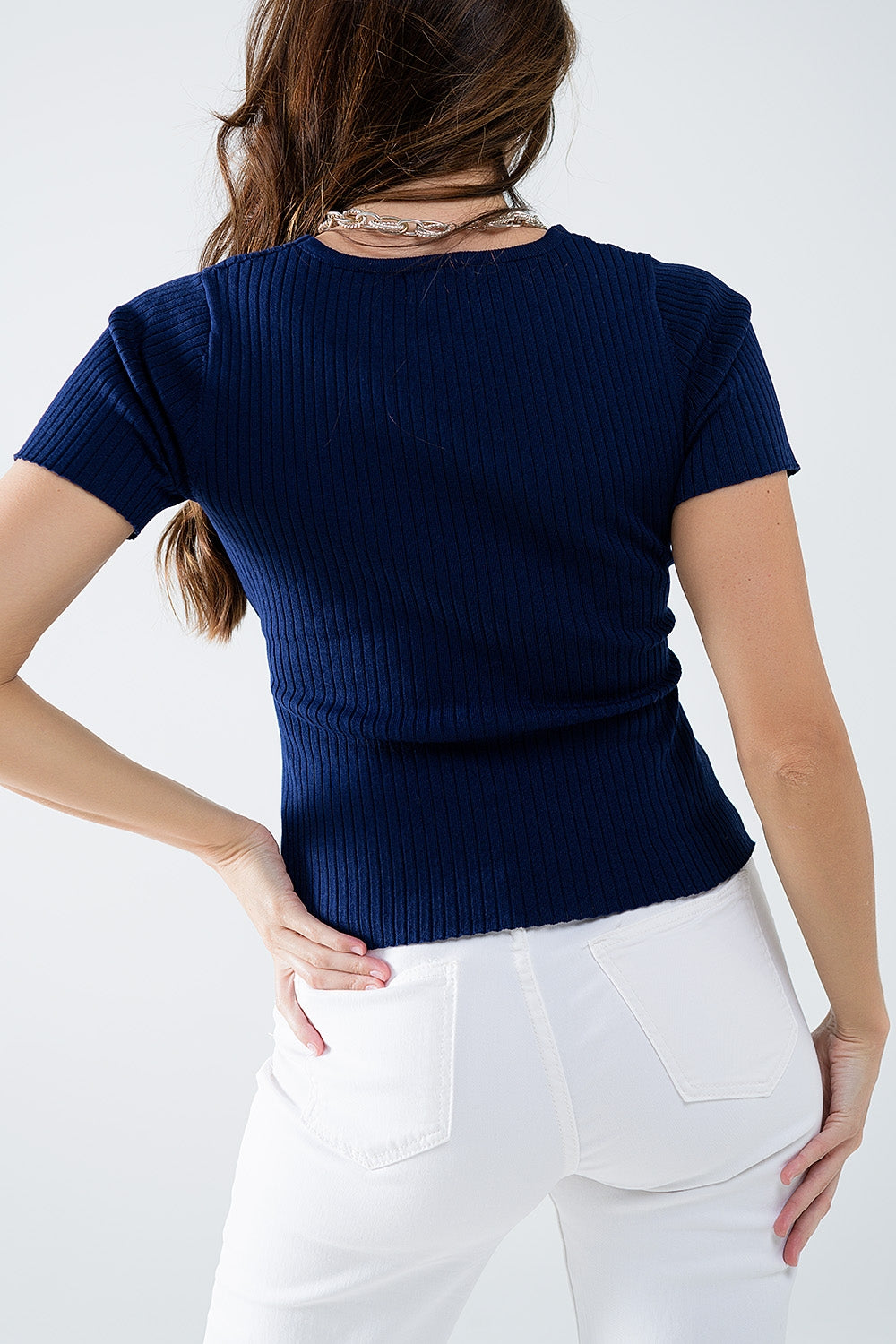Navy sweater with crossed front and V-neck - jumper