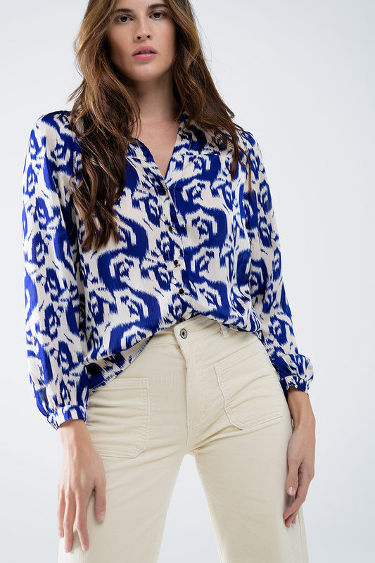 Balloon Sleeve Abstract Print Blouse in Navy and White - Shirts