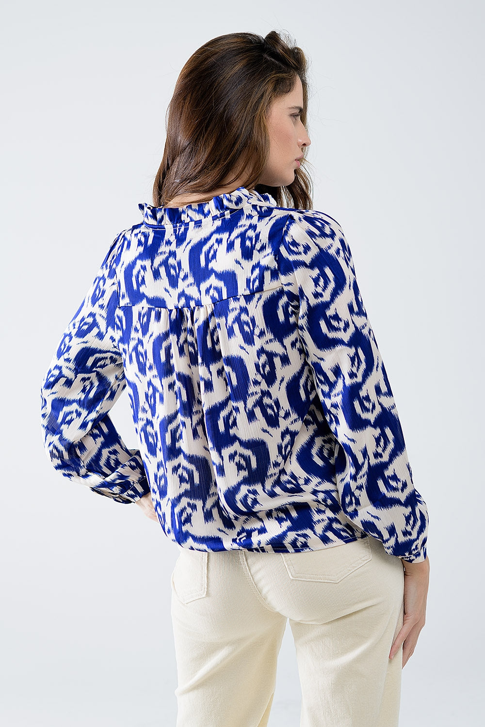 Balloon Sleeve Abstract Print Blouse in Navy and White - Shirts