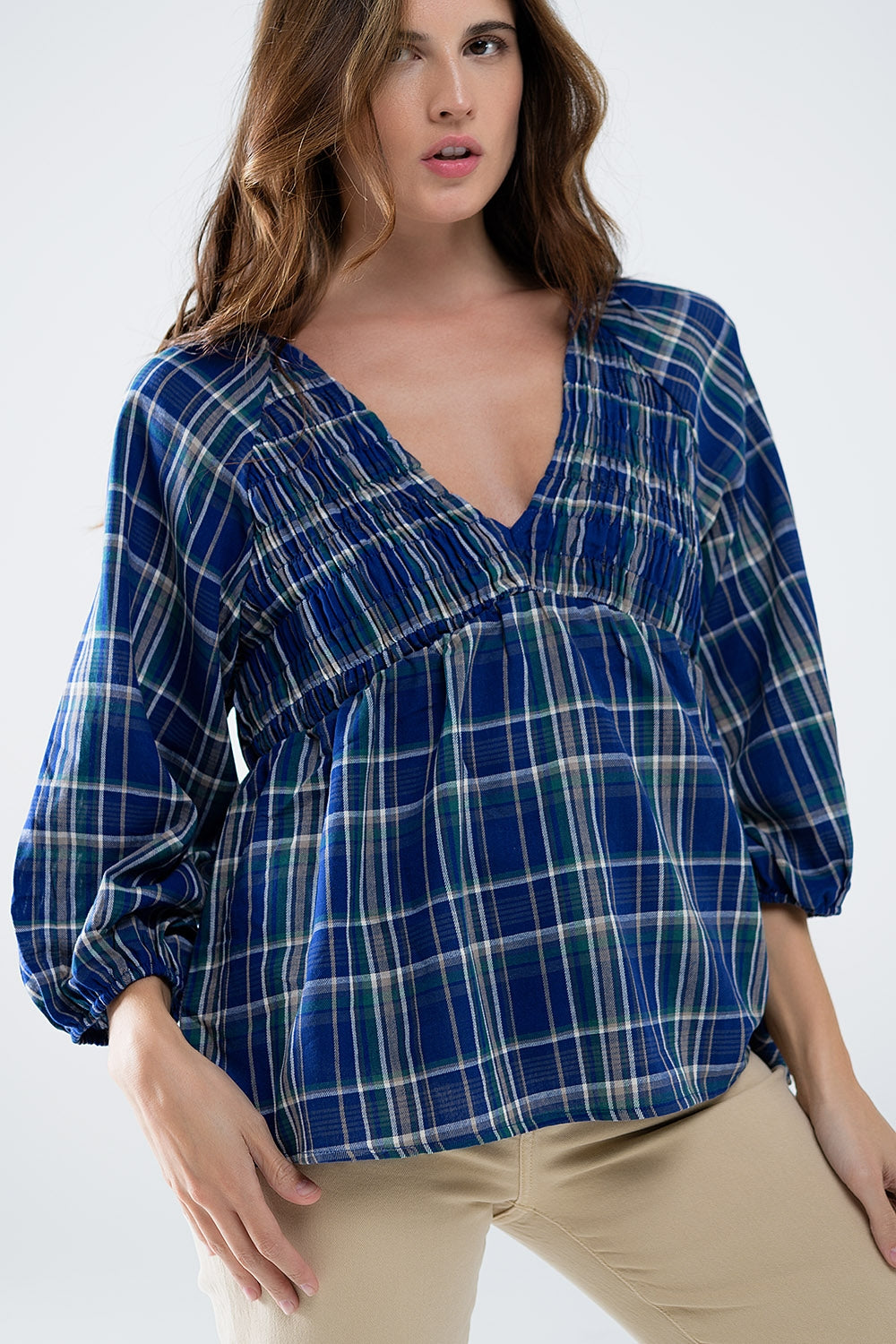 Chemise écossaise Babydoll bleue et verte