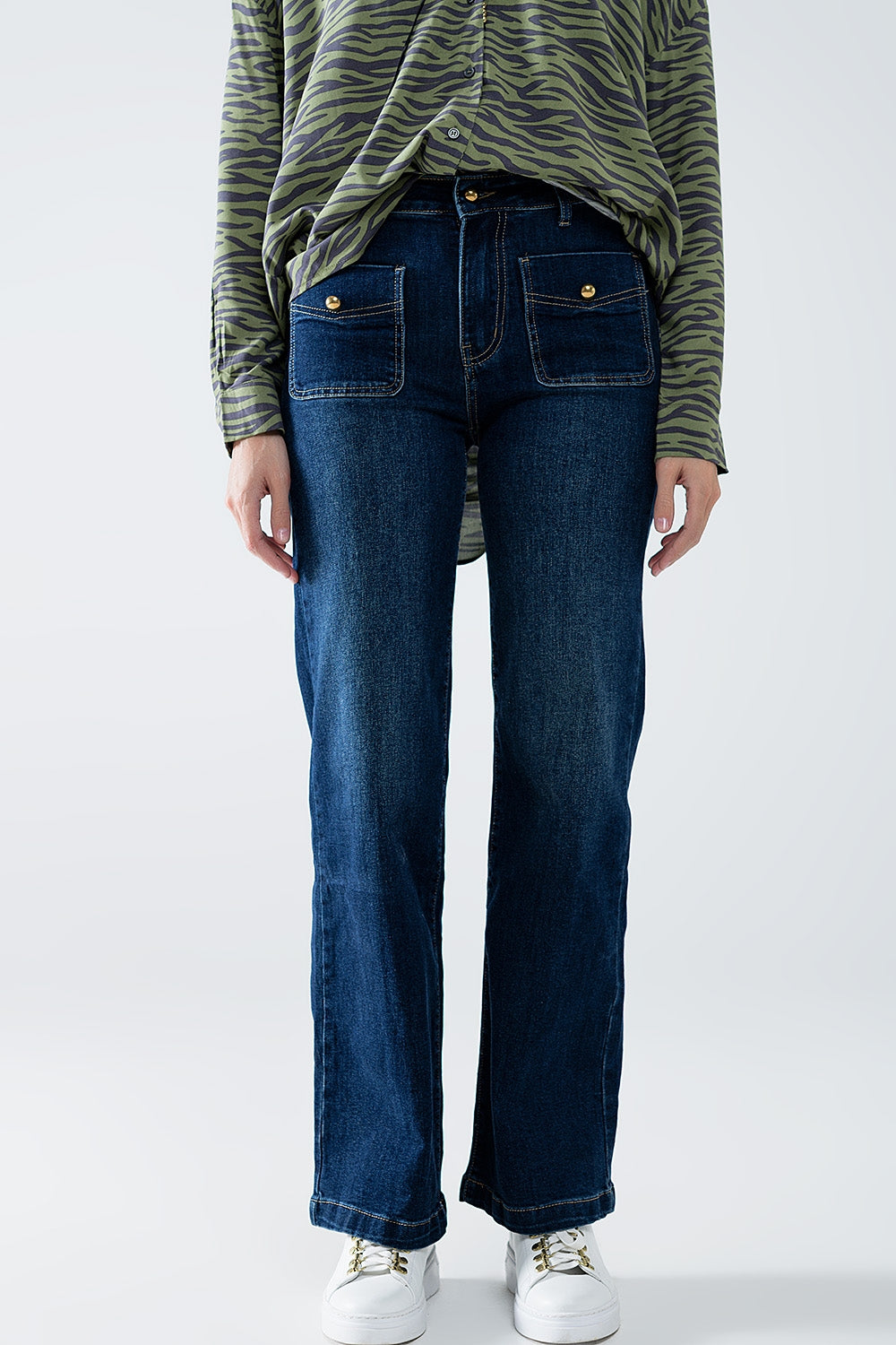 Straight Leg Jeans With Front Pockets and Button - Denim