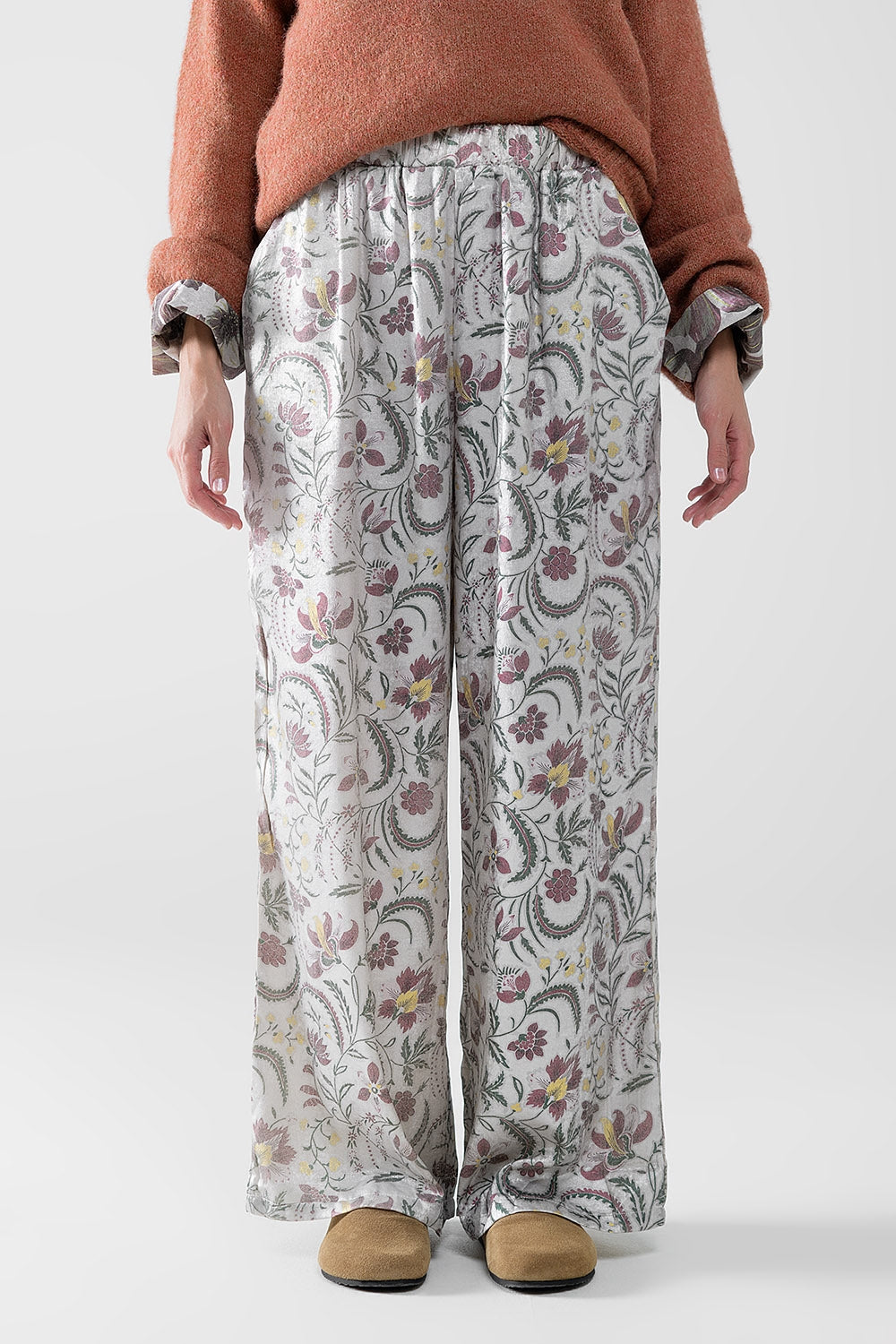 gray flower printed satin pants - trousers
