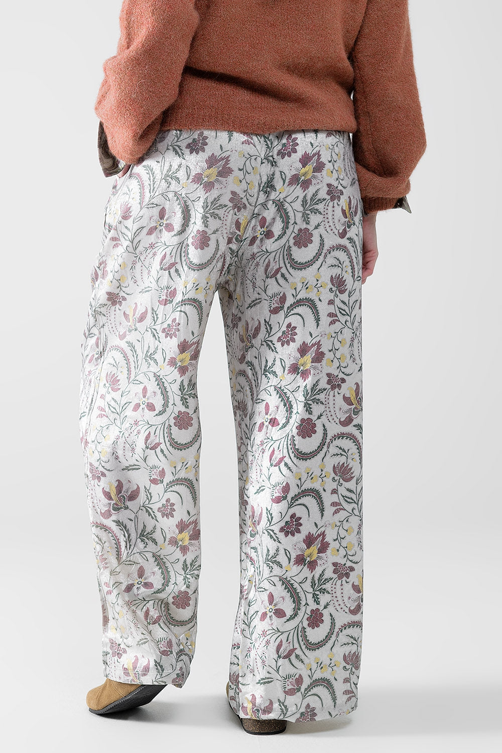 gray flower printed satin pants - trousers
