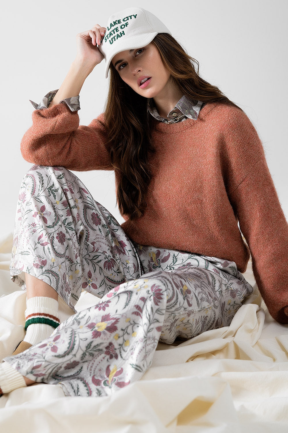 gray flower printed satin pants - trousers