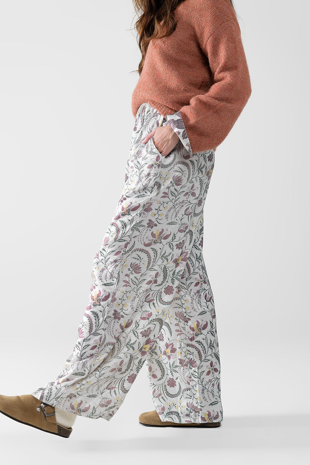 gray flower printed satin pants - trousers