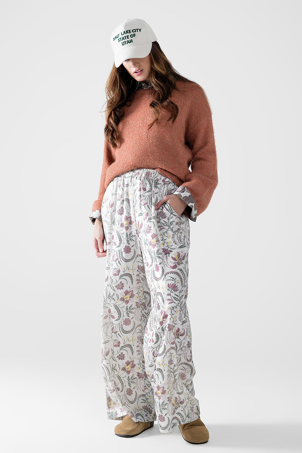 gray flower printed satin pants - trousers