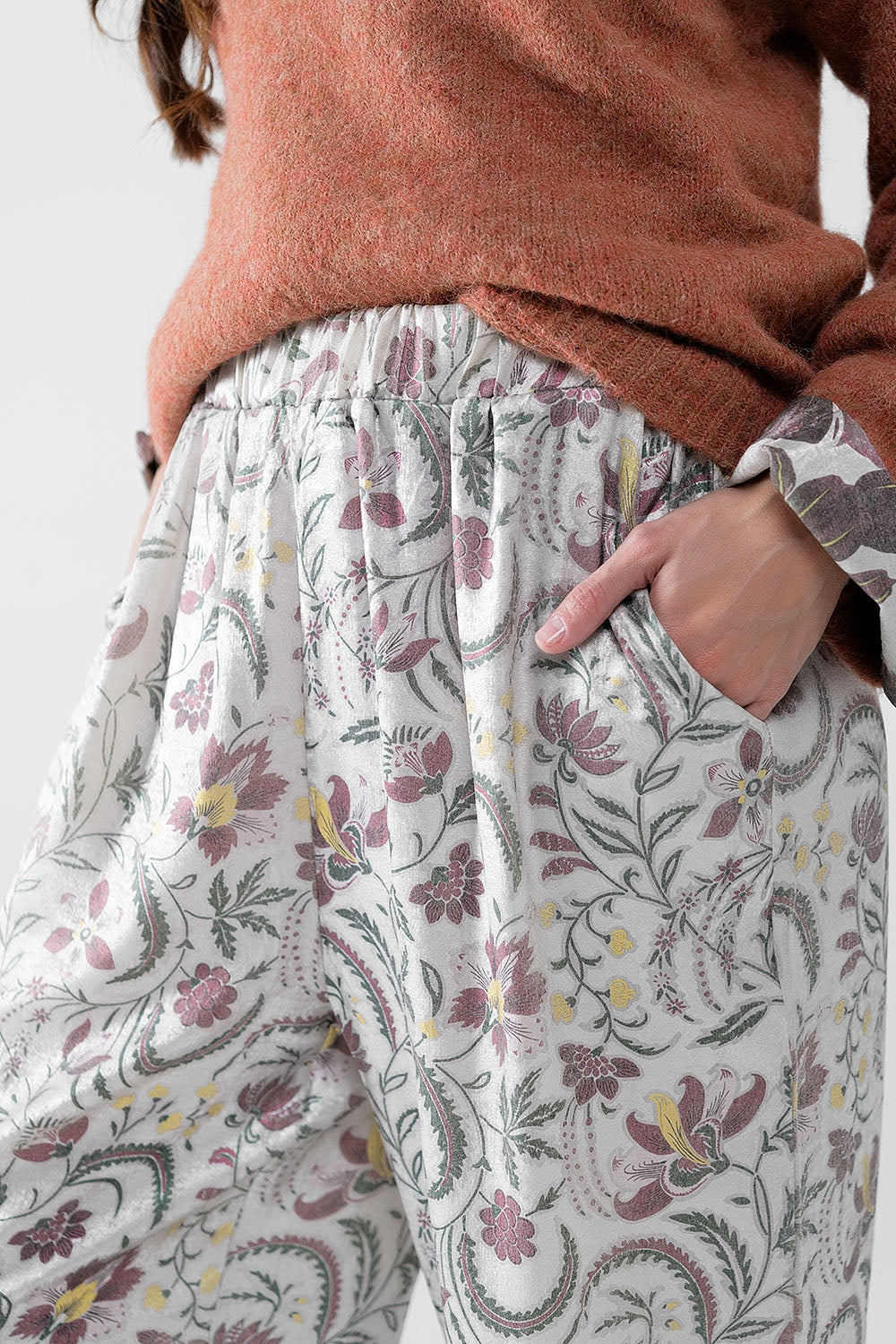 gray flower printed satin pants - trousers