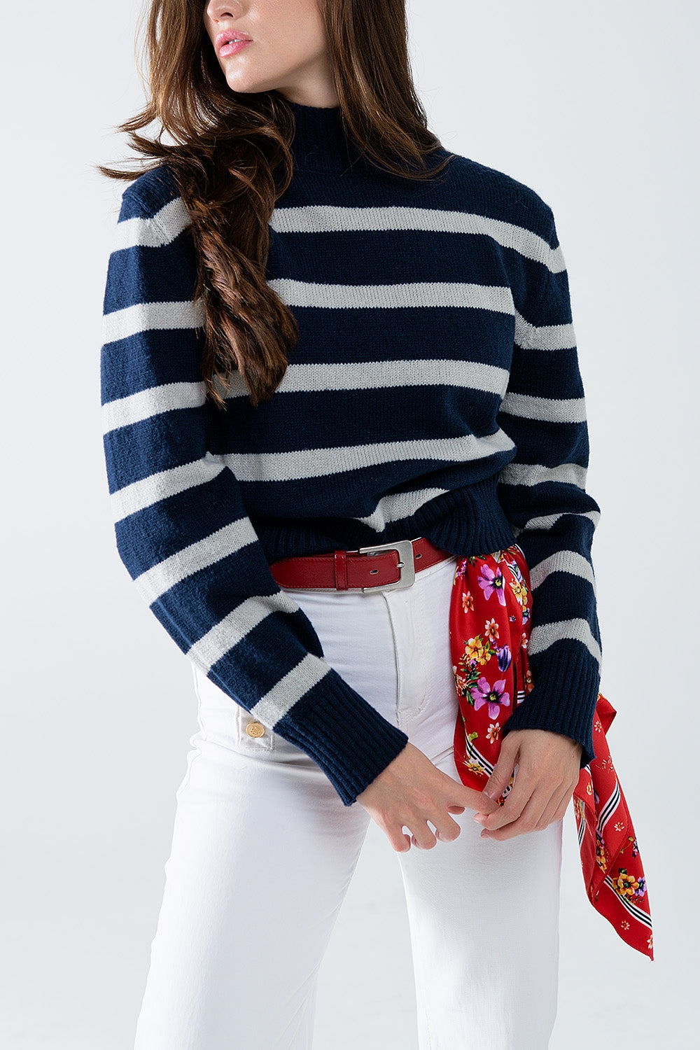 High Neck striped Sweater in navy and grey