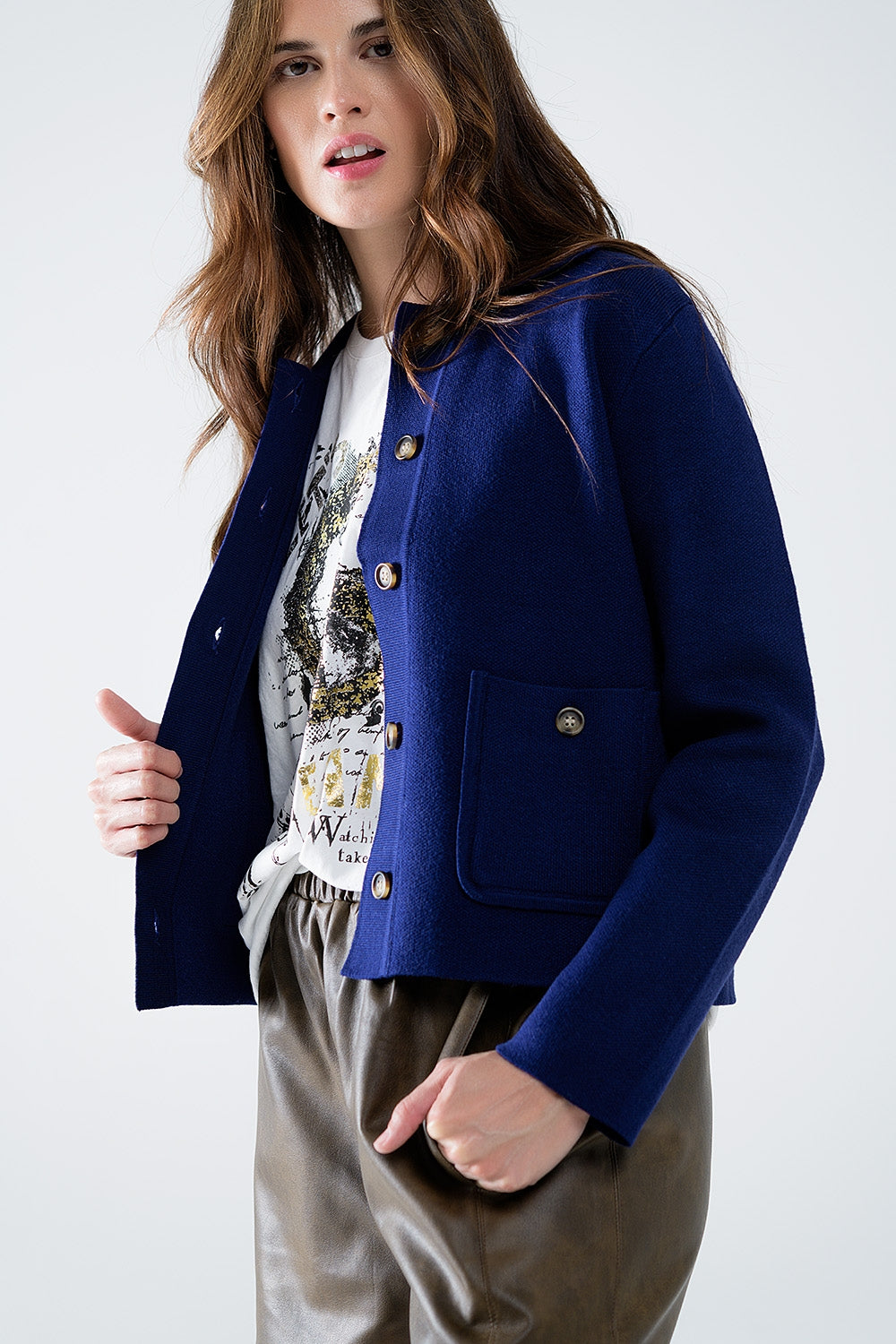 Soft knit cardigan in ink blue with front pockets - cardigan