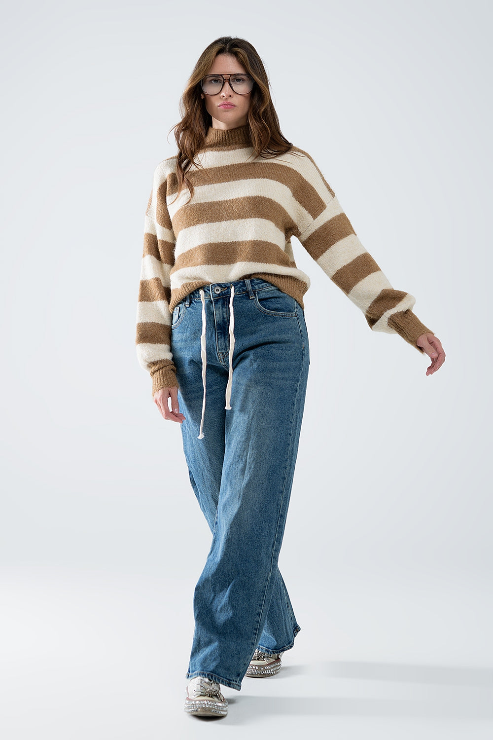 Beige striped turtleneck sweater - jumper