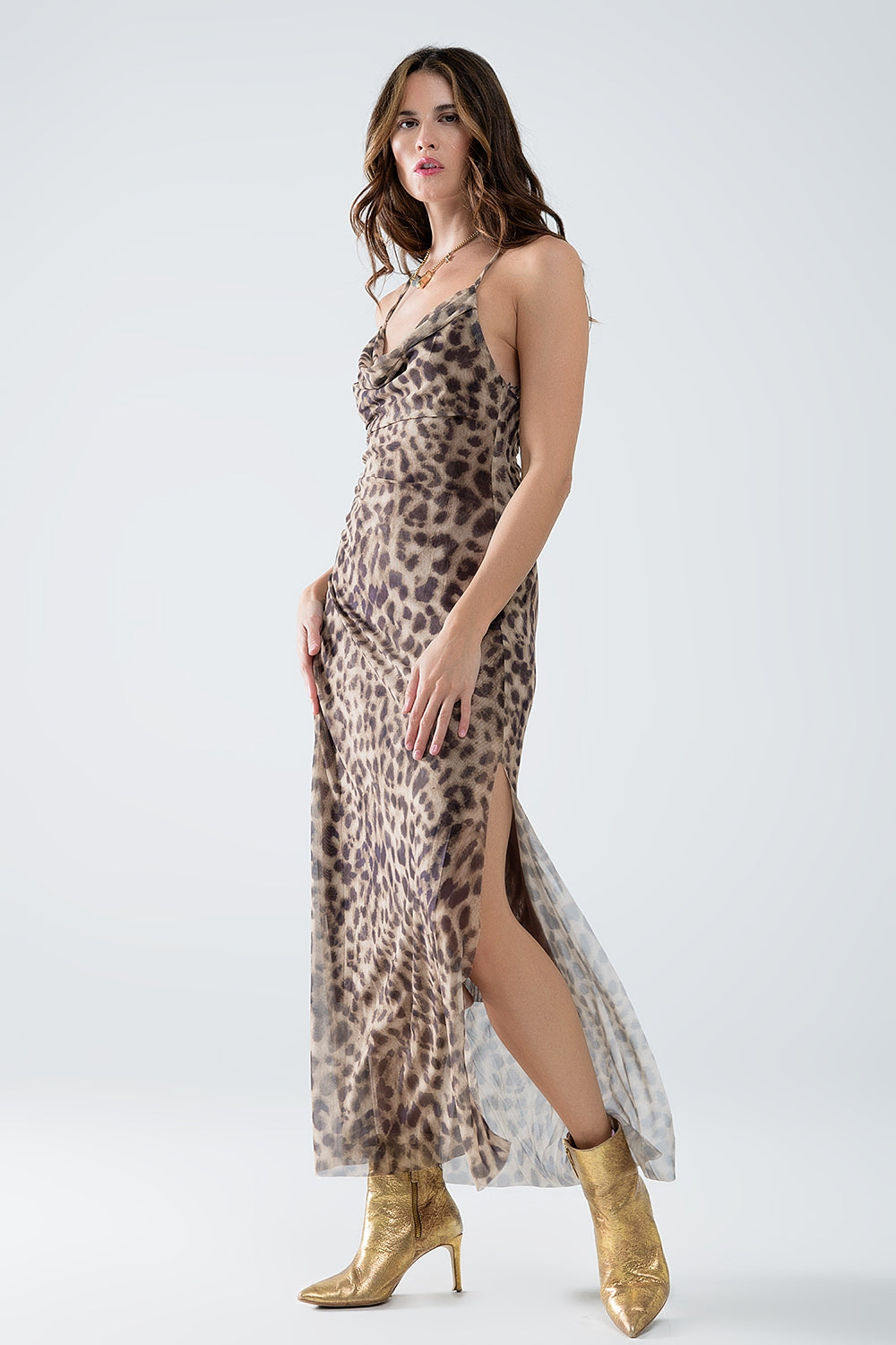 Leopard strap dress in mesh fabric - dress