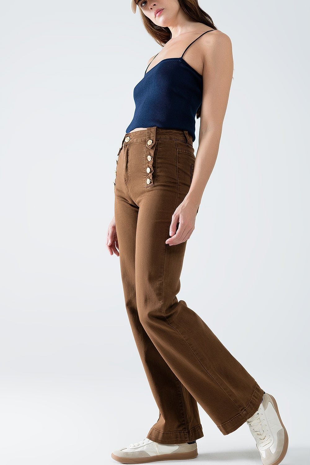 Straight Jeans With Gold Buttons At the Side in camel - trousers