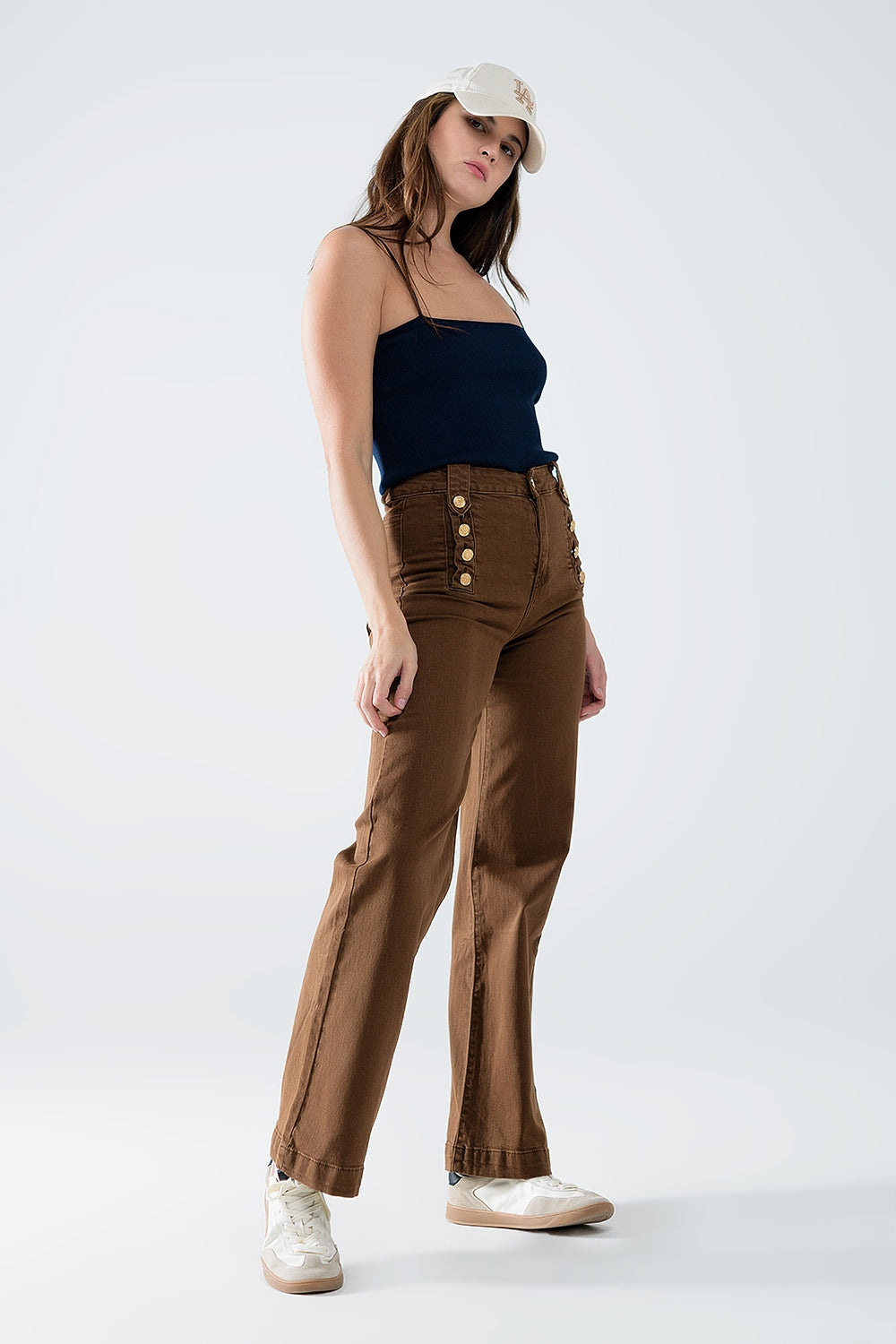 Straight Jeans With Gold Buttons At the Side in camel - trousers