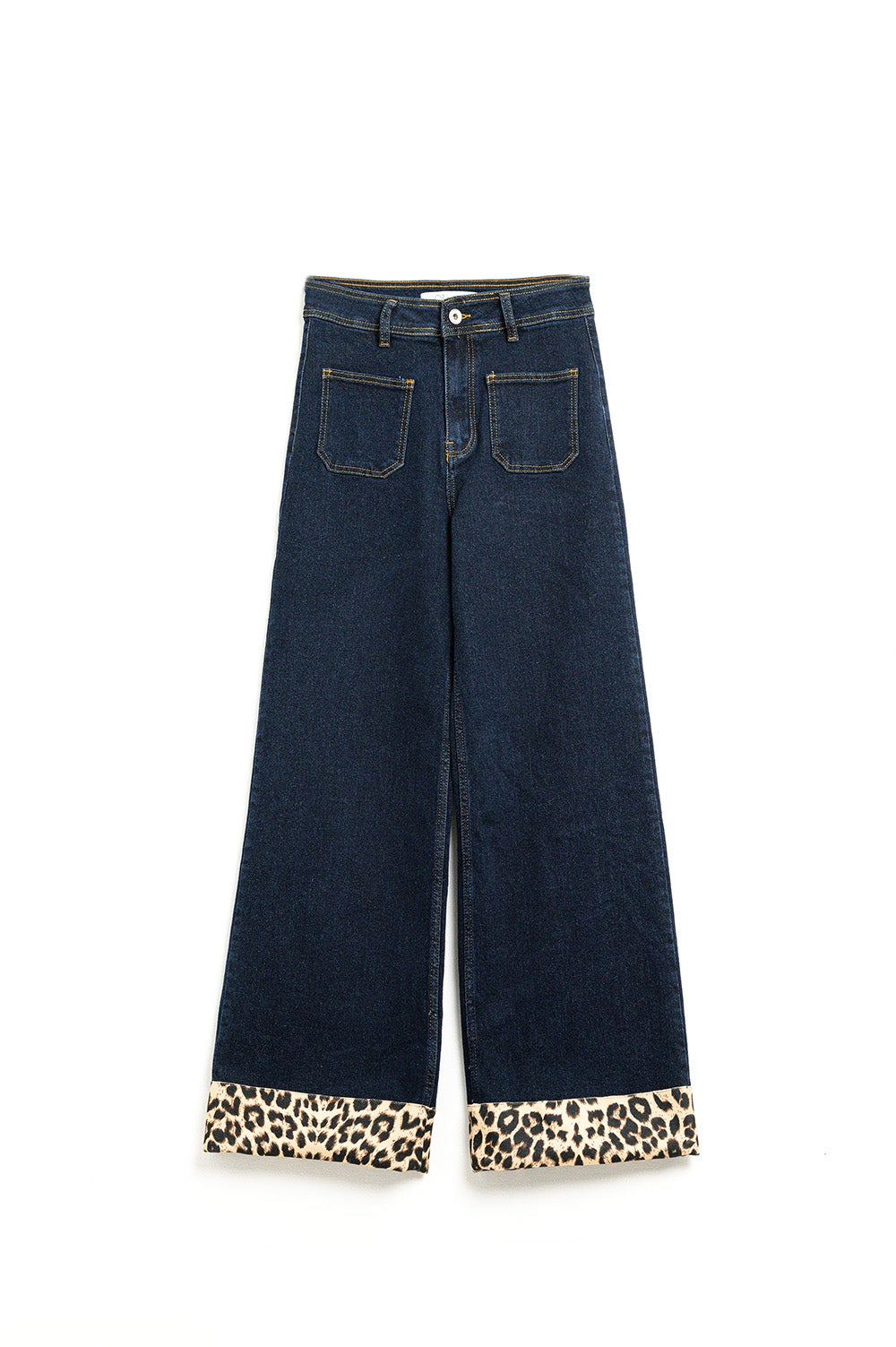 Dark wash wide leg jeans with leopard detail at the bottom - Denim