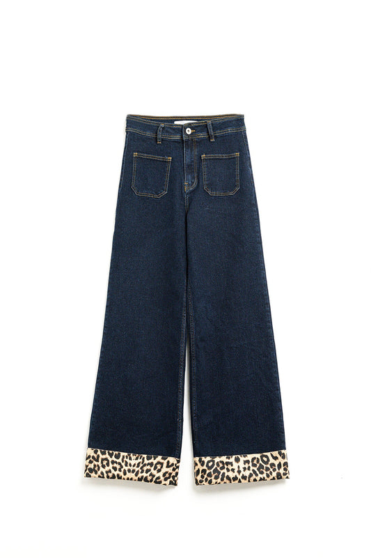 Dark wash wide leg jeans with leopard detail at the bottom - Denim