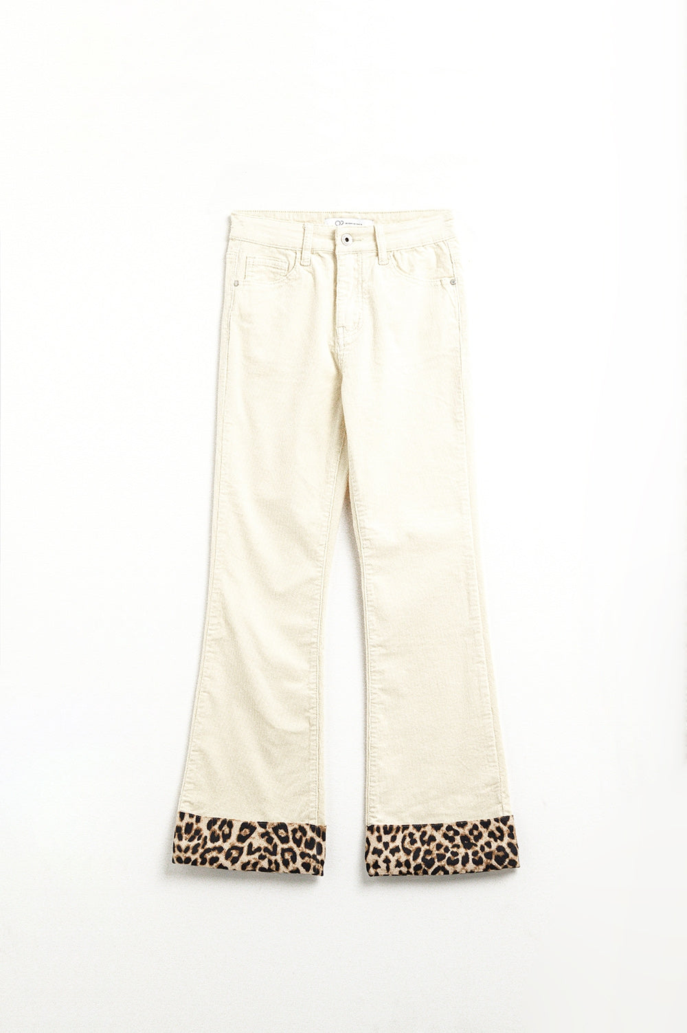 Light Beige Corduroy flare pants with leopard print at the bottom - trousers