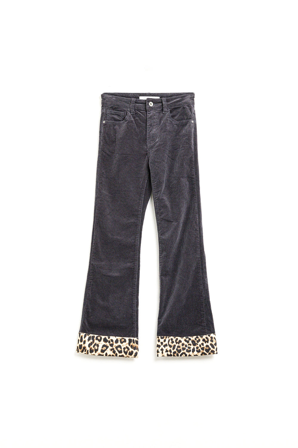 Dark grey Corduroy flare pants with leopard print at the bottom - trousers