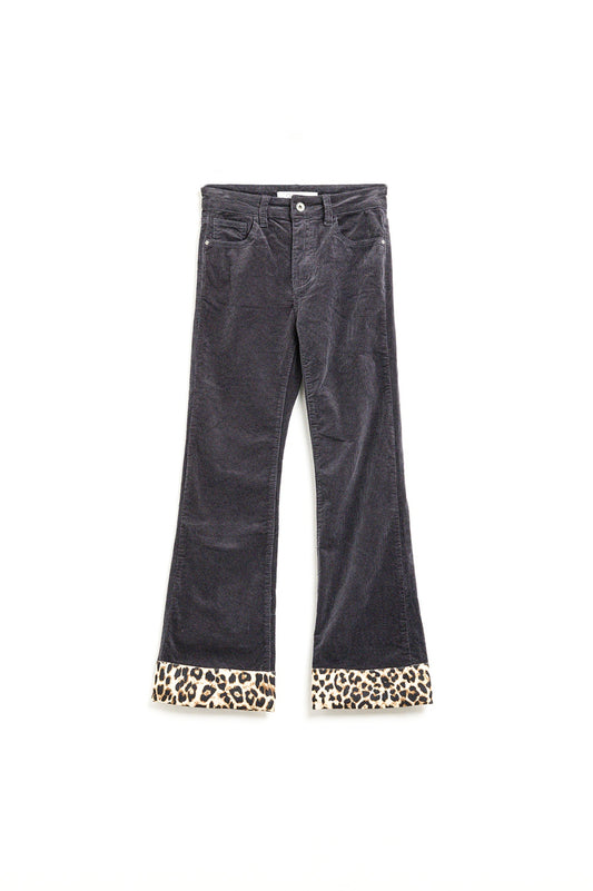 Dark grey Corduroy flare pants with leopard print at the bottom - trousers