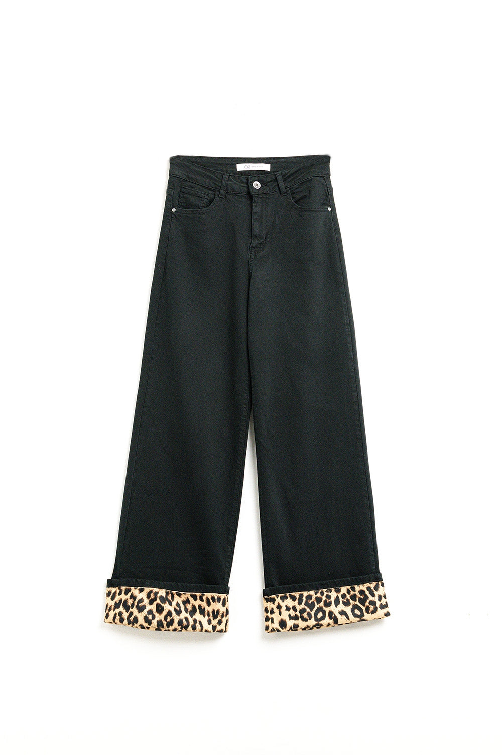Wide leg black pants with leopard print at the bottom - Coloured Jeans