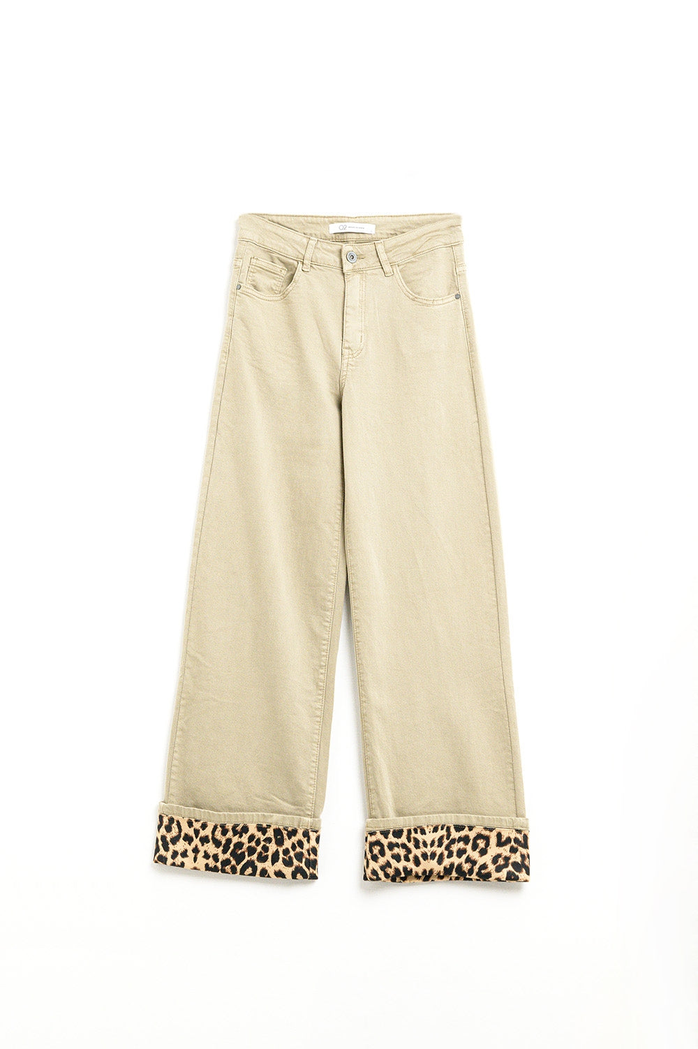 Wide leg beige pants with leopard print at the bottom - Coloured Jeans