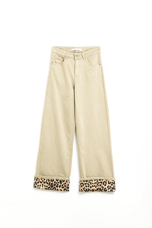 Wide leg beige pants with leopard print at the bottom - Coloured Jeans