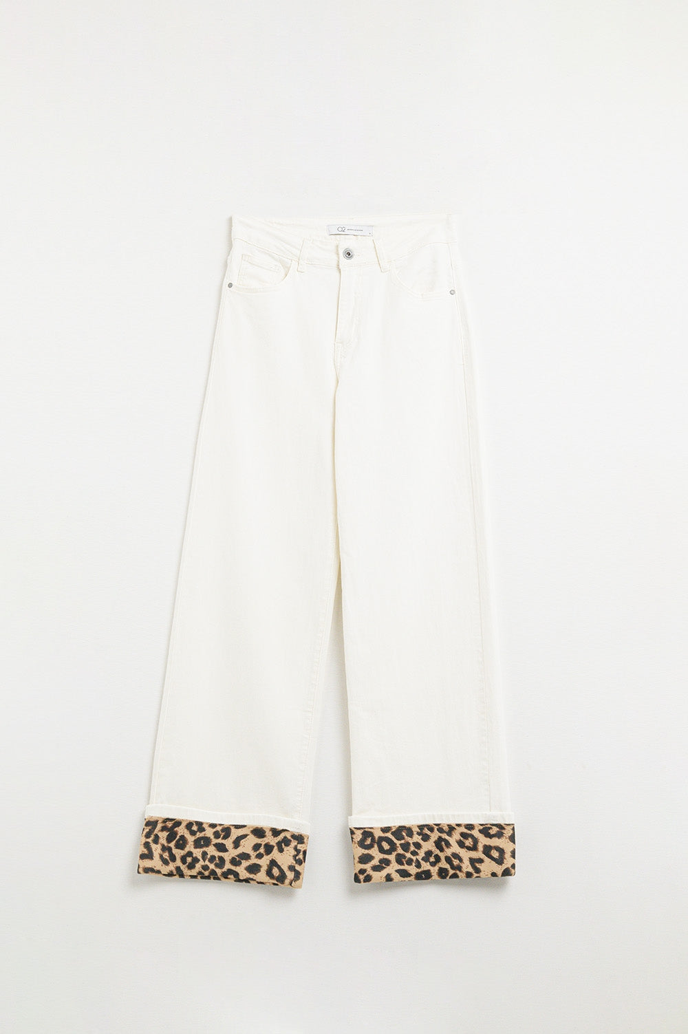 Wide leg cream pants with leopard print at the bottom - Coloured Jeans