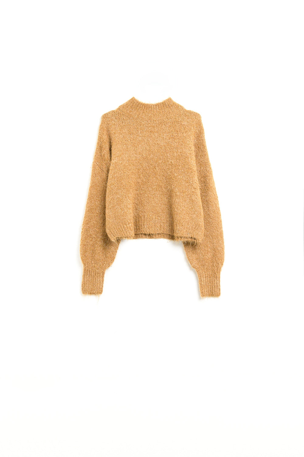 Fluffy camel sweater with high neck and balloon sleeves