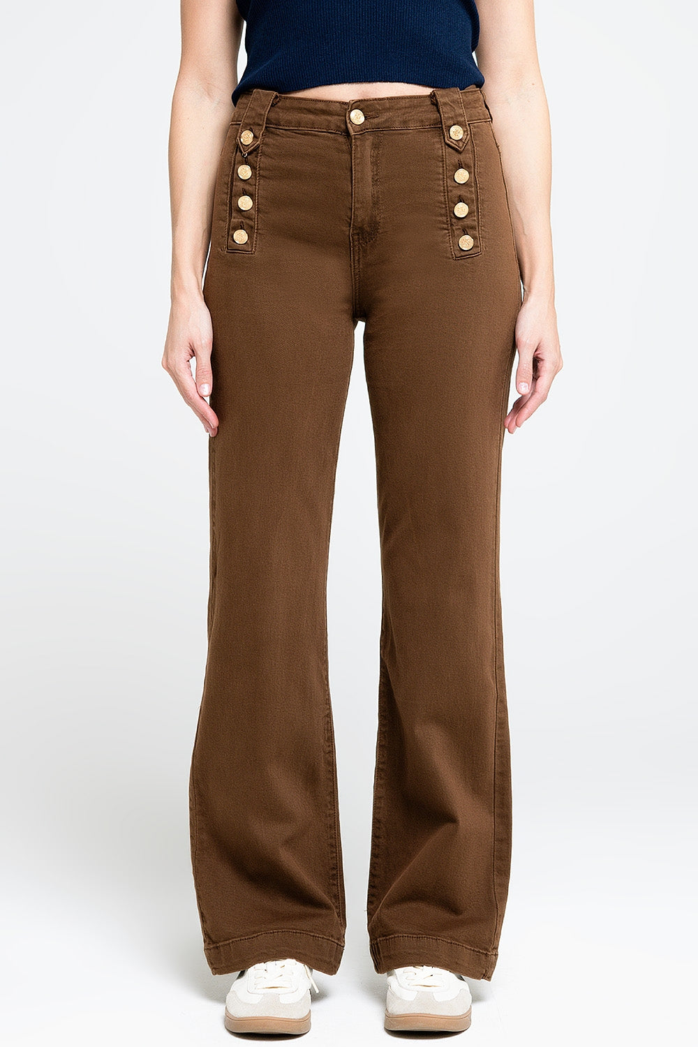 Straight Jeans With Gold Buttons At the Side in camel - trousers