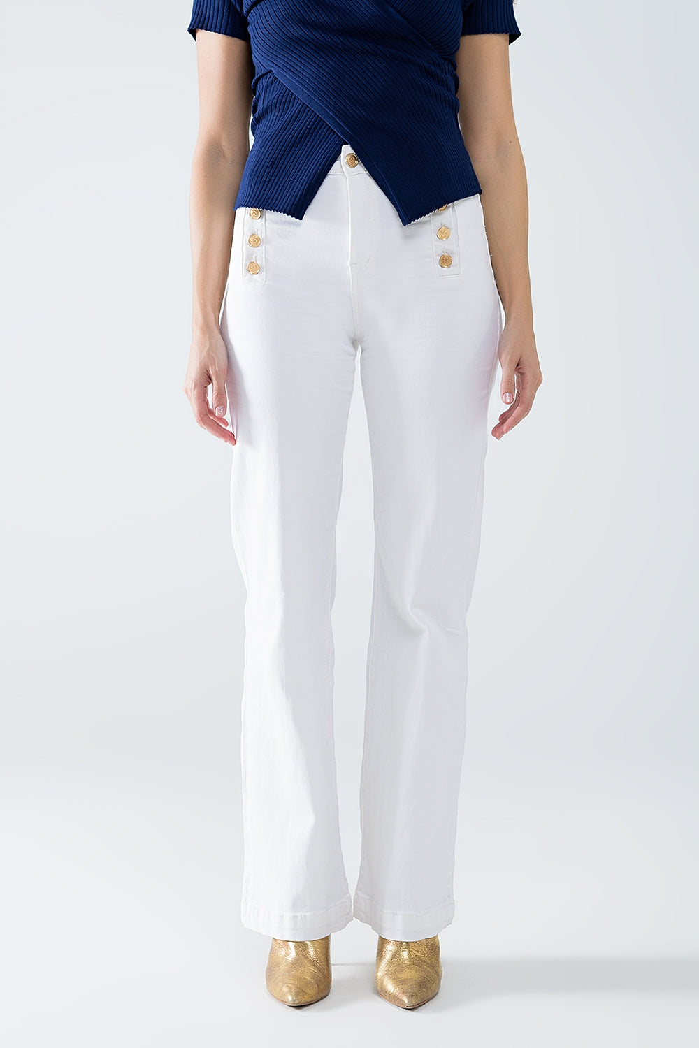 Straight Jeans With Gold Buttons At the Side in White - trousers